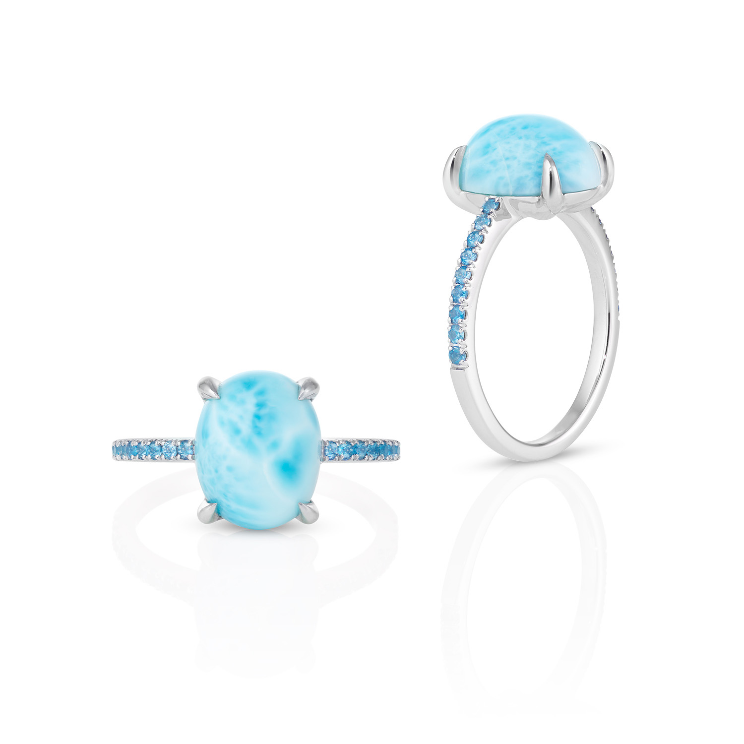 OPEN SEA Ring Open-Sea Larimar-Cabochon Paraiba-Turmaline Meerblau Filigraner-Ring Blauer-Edelstein Ring-mit-blauem-Stein Maßanfertigung Paraiba Weißgold-Ring Sommerschmuck 750er-Weißgold 